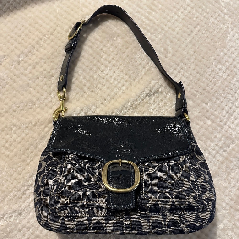Coach Bleecker Denim Signature Patent Leather Flap Shoulder Bag